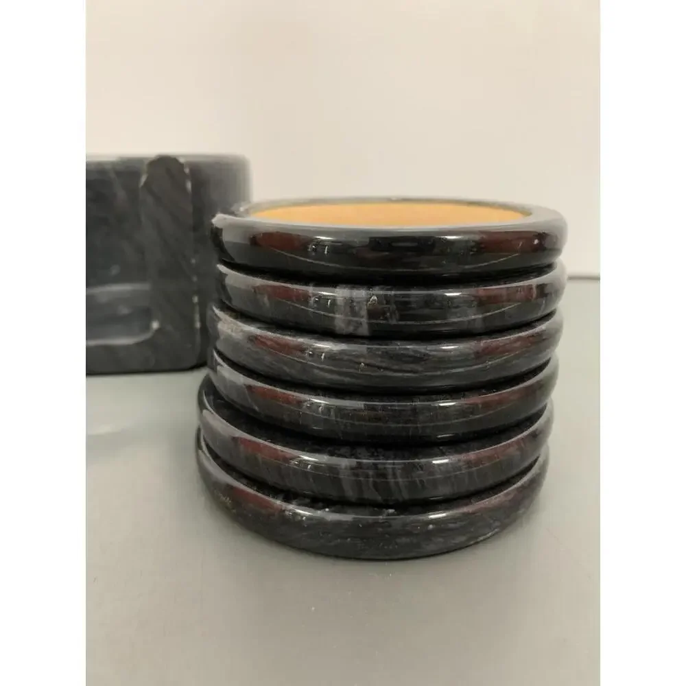 Black Marble Coaster Polo Dark Grey Cork Center Felt Bottom Set of 6 W/Holder